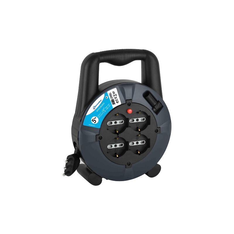 Enrouleur de cable 4x2P + t 16A prises bypass + 4 prises schuko 2P + t 16A Cable 3x1,5 mm2 5 m avec protection thermique Certifie' Kema Keur