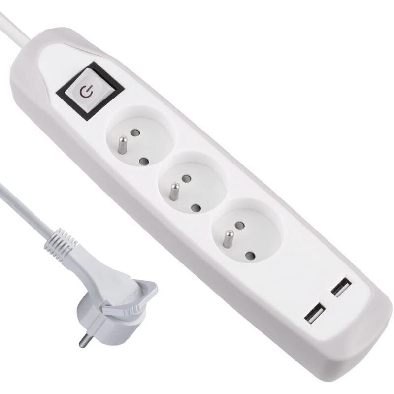 Bloc Multiprise 3 prises et 2 USB, Couverture en silicone protection contre impacts, Câble 2M, Fiche plat