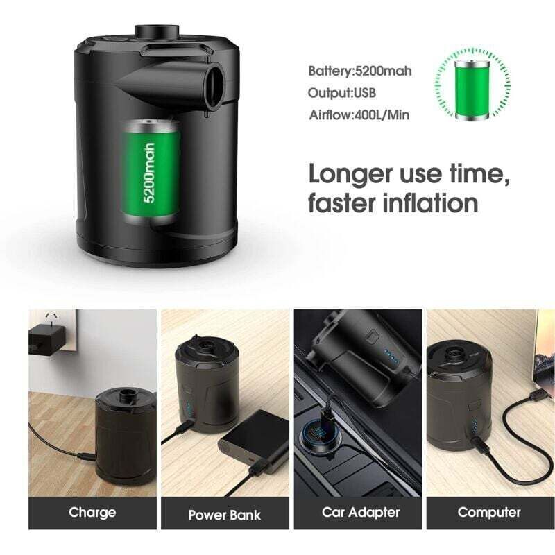 Electric Air Pump, 5200 mAh Rechargeable Battery, Air Mattress Inflator with 3 Air Nozzles, Fast Inflator for Inflatable Boats/Air Mattresses