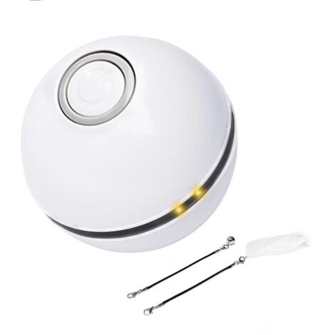Electric Cat Ball, Plastic, USB Rechargeable, 6 x 6 cm, Suitable for Cats, with LED, with 2 Accessories, Bell and Feather, Low Noise, White