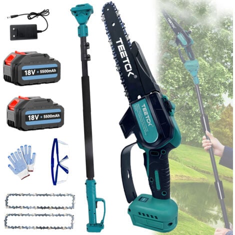 TEETOK Electric Chainsaw, Long Reach Cordless Telescopic Chainsaw Tree Pruner Branch Cutter Long Reach Chainsaw Pruning Shears Extendable Pole Saw+2 Battery 5.5A+ Charger, Compatible with Makita Battery