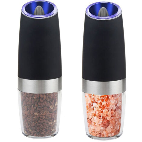 Electric Gravity Pepper Grinder Set, Adjustable Coarseness, Battery Operated with LED Light, Automatic One-Handed Operation, Black Stainless Steel, 2 Pack