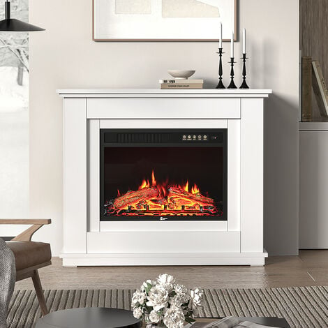 Electric Inset Fireplace Heater Fire Place White Wooden Mantel, 30inch