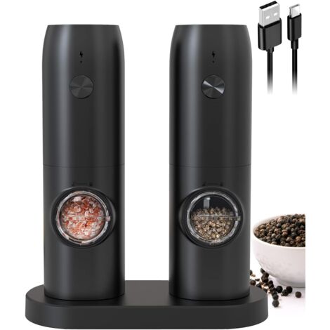 Electric Pepper Mill with Base, Rechargeable Salt and Pepper Set with Black Switch