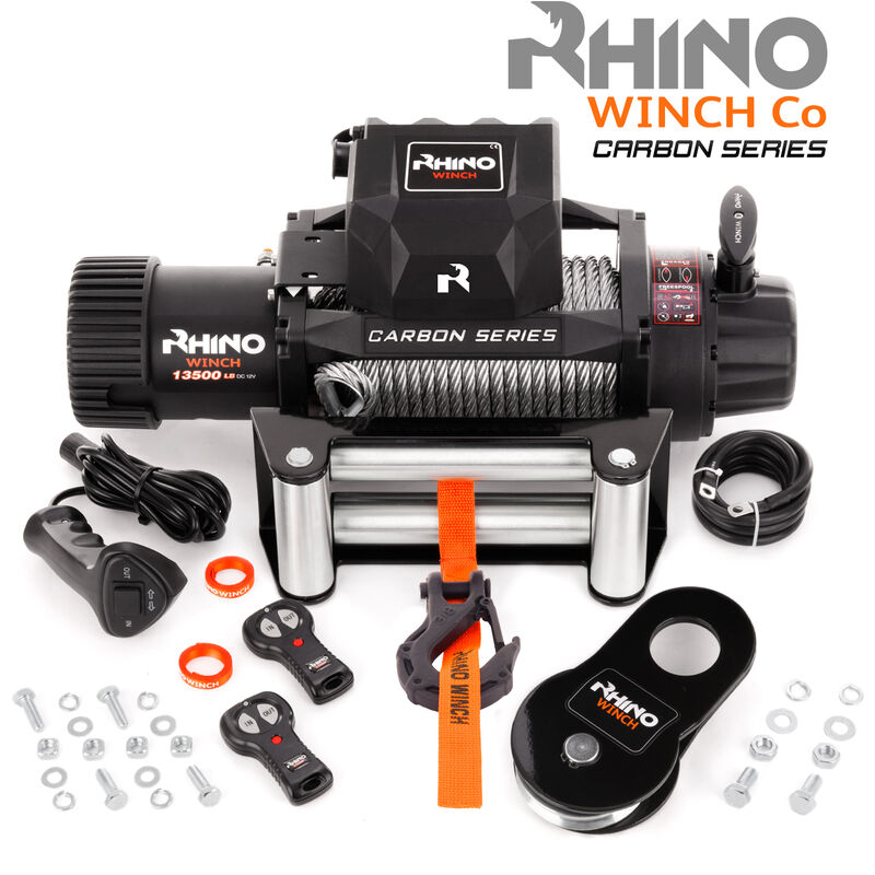 Rhino Winch - Electric Winch RHINO 12v 13500lbs / 6125 kg Steel Cable Heavy Duty Black with Two Wireless Remotes - 2 Year Warranty