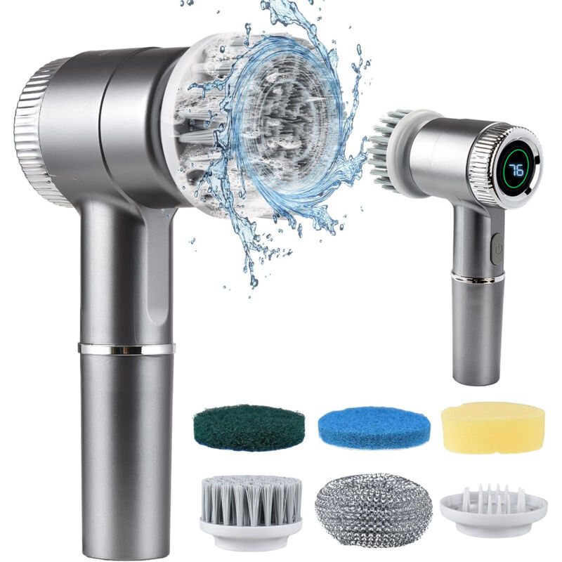 Electric Rotating Brush With 6 Heads – 3 Adjustable Speeds, Battery Display, Deep Cleaning for Bathroom, Kitchen, and Tough Surfaces