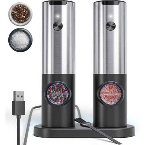 Electric Salt and Pepper Mill Set with Rechargeable Base, Stainless Steel Salt Mill with Adjustable Coarseness, Rechargeable Salt and Pepper Shakers with LED Light