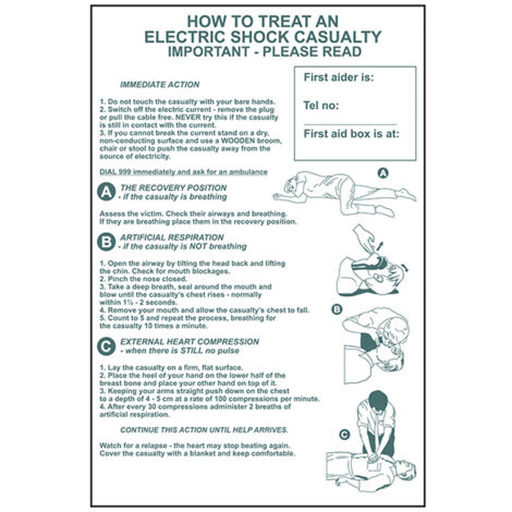 Electric Shock Casualty Treatment Sign – PVC, 400 x 600mm, Single Unit