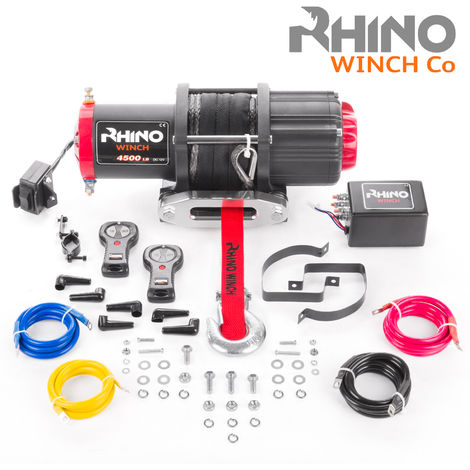 Electric Recovery Winch RHINO 12v 4500 lb / 2040 kg Synthetic Rope Stronger than Steel Black with Two Wireless Remotes - 2 Years Warranty