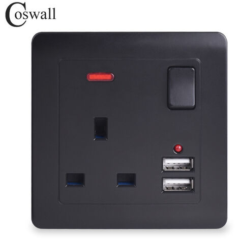 Electrical Single Switched 13 A Fast Charging Power Socket with Two USB Charging Ports, 2.1 A, 5 V, Square Edge, Black - B