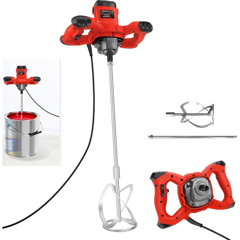 Lectrique Malaxeur, 2600W 240V Malaxeur Mortier Colle 1700r/Min 6 Vitesses Mélangeur Peinture Melangeur Beton, M14 Barre Spirale Chromée, Balai De