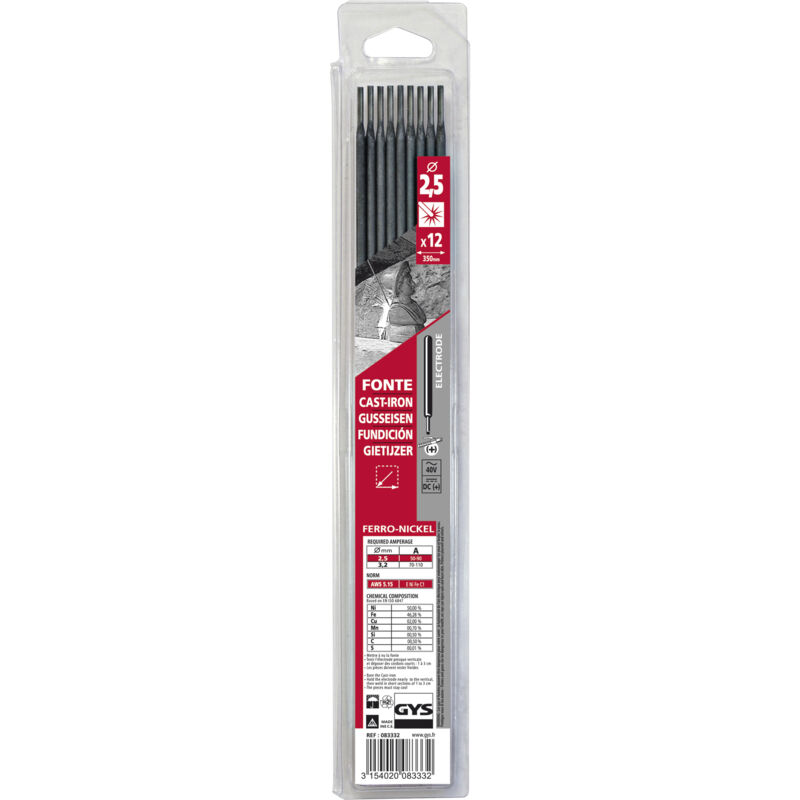 GYS - 12 Électrodes fonte ø 2,5 - brochable - 083332 - Ce produit de marque est neuf.