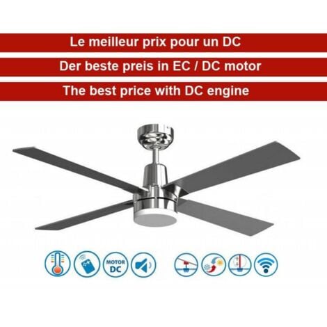 KLASSFAN Electron, un ventilateur de plafond DC silencieux de 122 Cm, wifi, d'un thermostat et une plaque led 3 tons et dimmable.