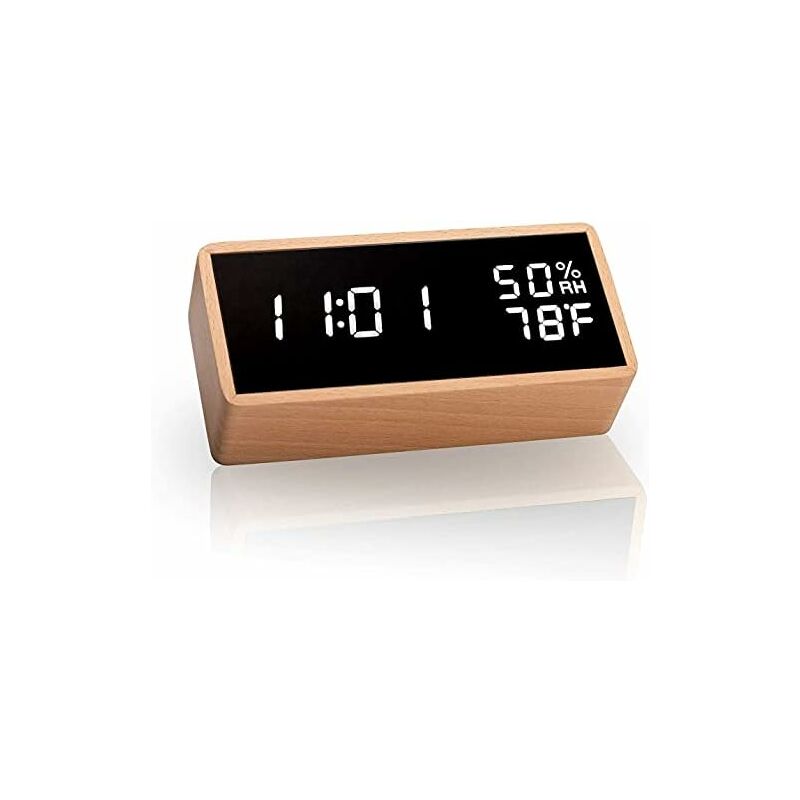 Electronic Alarm Clock, Wooden Digital Alarm Clock with 3 Alarm Settings, usb Powered Digital Clock with Time, Temperature and Humidity led Display