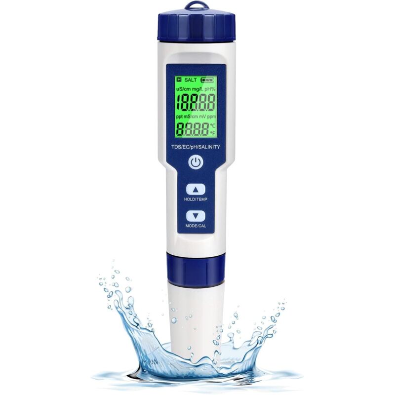 Electronic PH Tester, 5 in 1 Swimming Pool Water Tester with Backlight, PH/TDS/EC/Salinity/Temperature with ATC, 0.01 Resolution High Accuracy PH