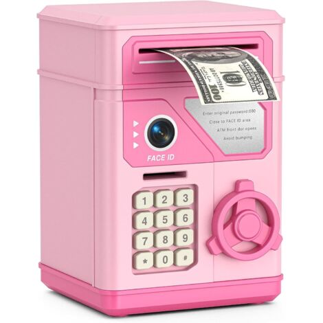 Électronique ATM Rose – Serrure à Mot de Passe Personnalisable, Rouleau Automatique de Billets et Musique Intégrée, Alimentée par 3 Piles AAA (à Acheter Séparément), Boîte à Économiser Sûre et Amusant