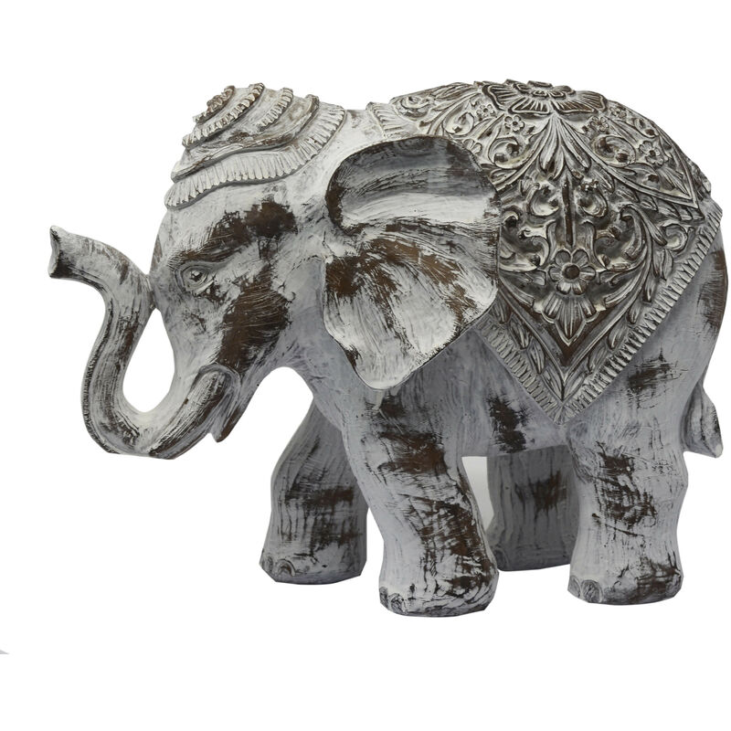 

Elefante Blanco de la Suerte en Resina con Acabado de Madera, Decoración Hindú. Figura Elefante Decorativo 31x14x23 cm