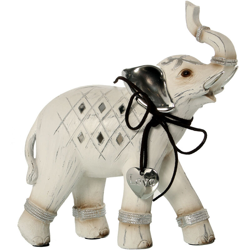 

Elefante de la Suerte de Resina, Blanco y Toques Plateados, Figura Decorativa. Diseño Original acabado Madera 20,5x8,5x22,5cm