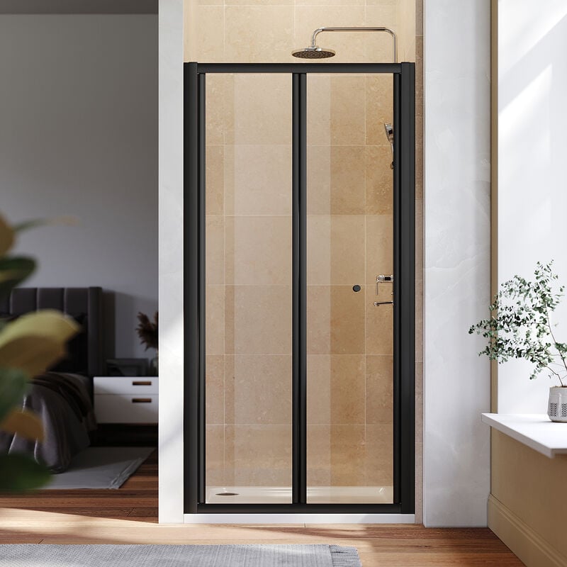 1000mm Black Frame Bifold Shower Door Enclosure Folding Bathroom Glass Wet room, 1000x900mm Shower Tray, Waste Trap - Elegant