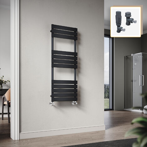 Elegant 1200 x 450mm Heated Towel Rail Black Flat Panel Design Tower Hanger, Modern Bathroom Radiator, Wall Mounted Ladder + Anthracite Thermostatic Radiator Valves