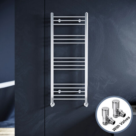 ELEGANT 1200 x 500 mm Chrome Designer Flat Panel Heated Towel Rail Radiator + Chrome Thermostatic Radiator Valves