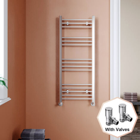 ELEGANT 1200 x 500 mm Chrome Modern Flat Panel Towel Rail Radiator Bathroom Heated + Angled Radiator Valves