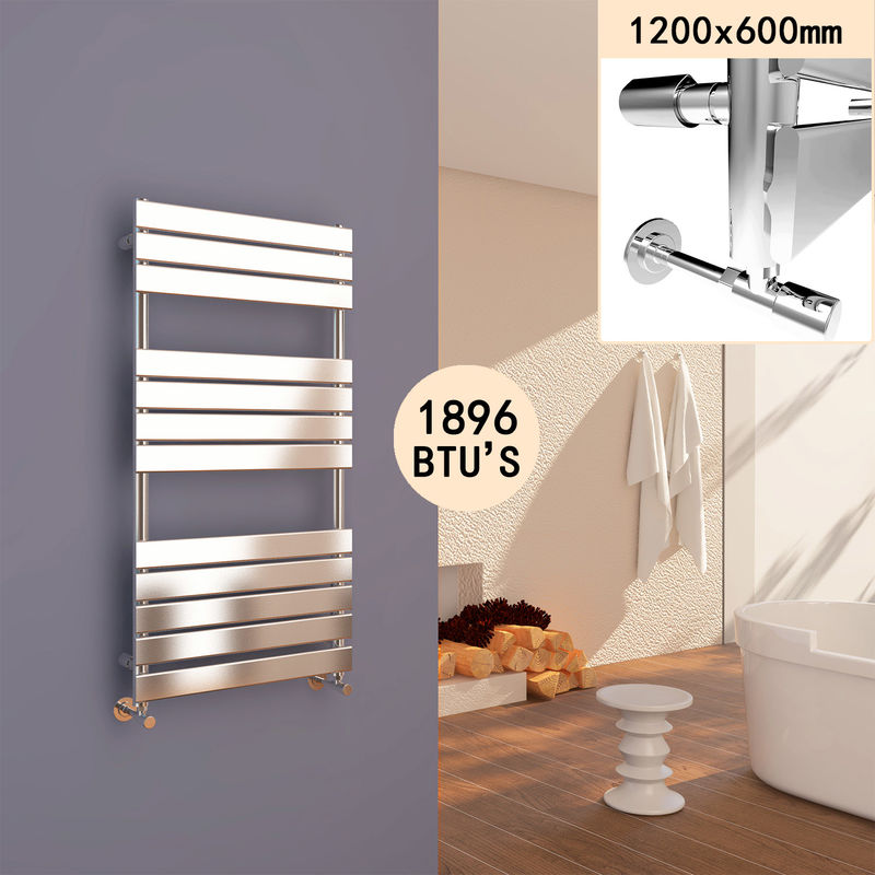 1200 x 600mm Chrome Designer Flat Panel Heated Towel Rail Modern Bathroom Radiator - Elegant