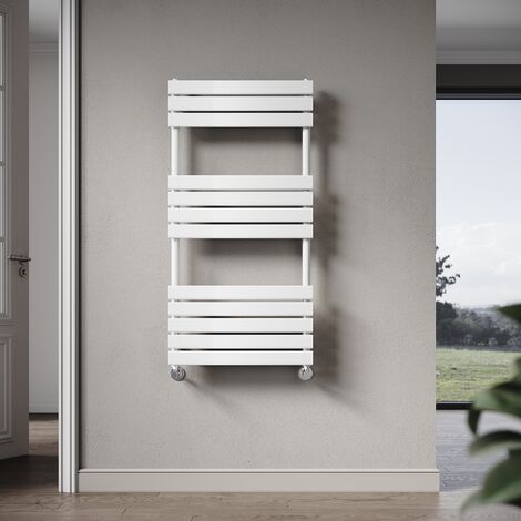 Elegant 1200 x 600mm Heated Towel Rail White Modern Bathroom Radiator, Flat Panel Design, Central Heating Towel Warmers, Exclude Valves