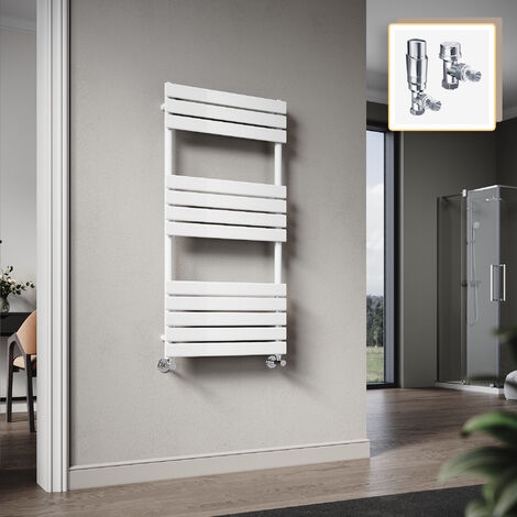 Elegant 1200 x 600mm Heated Towel Rail White Radiator, Modern Flat Panel Designer Central Heating Towel Warmers + Chrome Thermostatic Radiator Valves