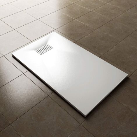 ELEGANT 1200 x 700mm Slip-Resistance Shower Base Slate Effect Square Shower Enclosure Tray with Waste and Drain Cover & Grate