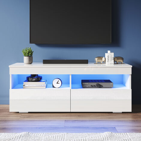 ELEGANT 1200mm Modern High Gloss TV Stands with LED Lights TV Cabinet with 2 Drawers for Living Room Bedroom Furniture, White