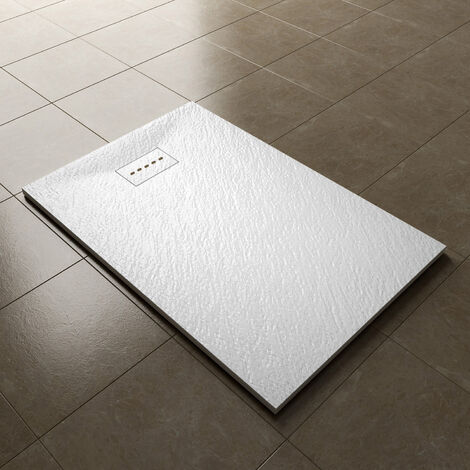 ELEGANT 1200x800mm Slip-Resistance Shower Tray White Slate Effect Square Shower Enclosure Base with Waste Trap and Drain Cover