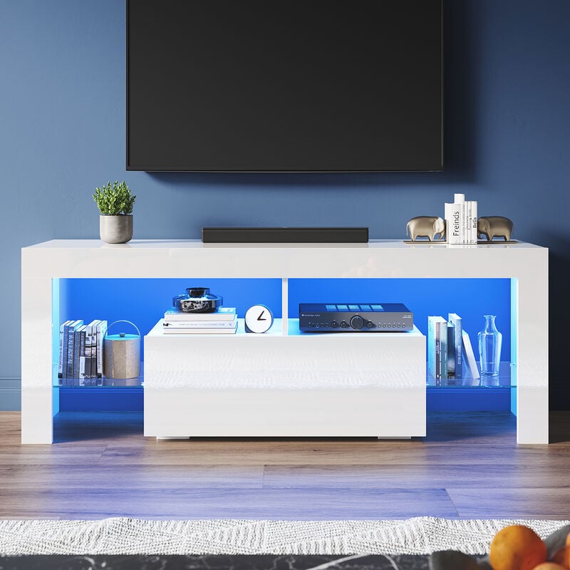 1400 mm Modern High Gloss tv Stands with led Lights tv Cabinet with 2 Glass Partitions, Large Storage Space Design, White - Elegant