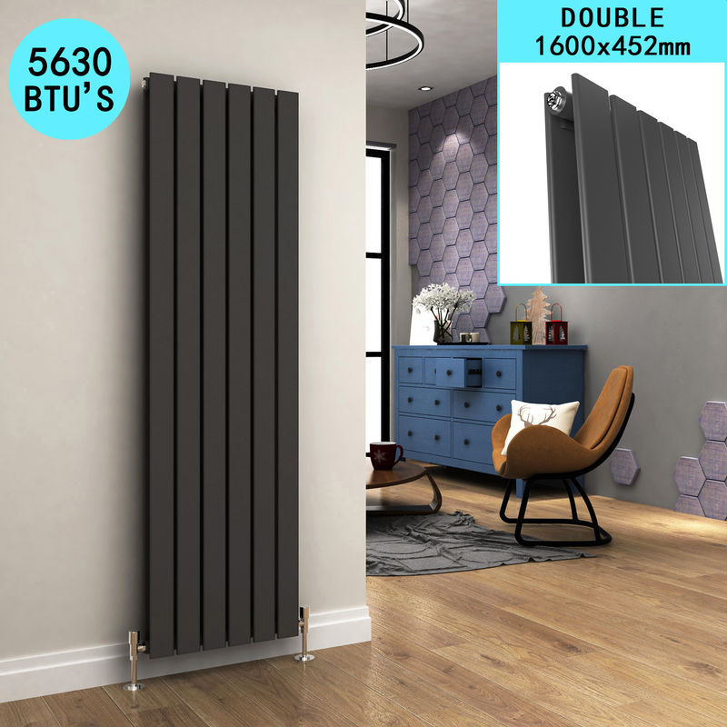 1600 x 452 mm Vertical Steel Radiator Anthracite Double Flat Panel Column Tall Upright Central Heating Radiators - Elegant