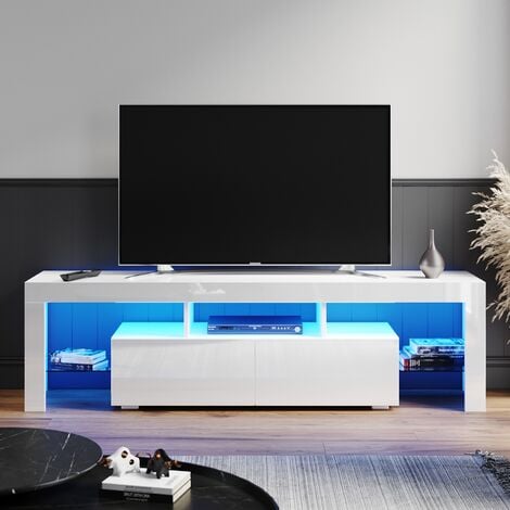 ELEGANT 1600mm Modern High gloss TV Stand Cabinet with Ambient Light for 22"-65" Flat Screen 4k TVs/ Media Storage LED Light TV Cabinet with Shelves and Drawers for Living Room Bedroom Furniture, Whit