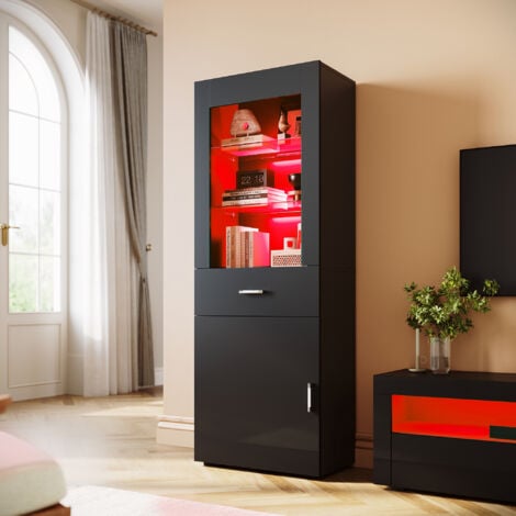 ELEGANT 165cm Display Cabinet Multicolour LED Lights Sideboard Living Room Cabinet with Slow Close Hinges Door & Drawer White High Gloss Fronts