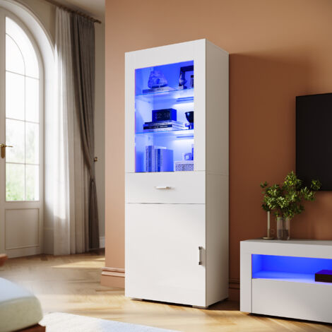 ELEGANT 165cm Display Cabinet Multicolour LED Lights Sideboard Living Room Cabinet with Slow Close Hinges Door & Drawer White High Gloss Fronts
