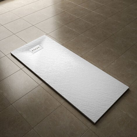 ELEGANT 1700x700mm Slip-Resistance Shower Tray White Slate Effect Square Shower Enclosure Base with Waste Trap and Drain Cover
