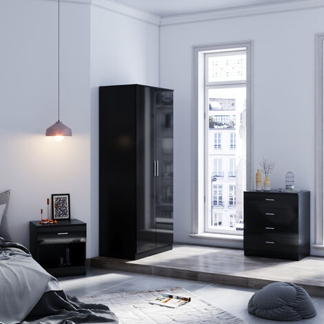 ELEGANT 1780x760x450mm Wardrobe High Gloss 2 Doors Black Bedroom Storage Furniture with only Shelf and Metal Handle
