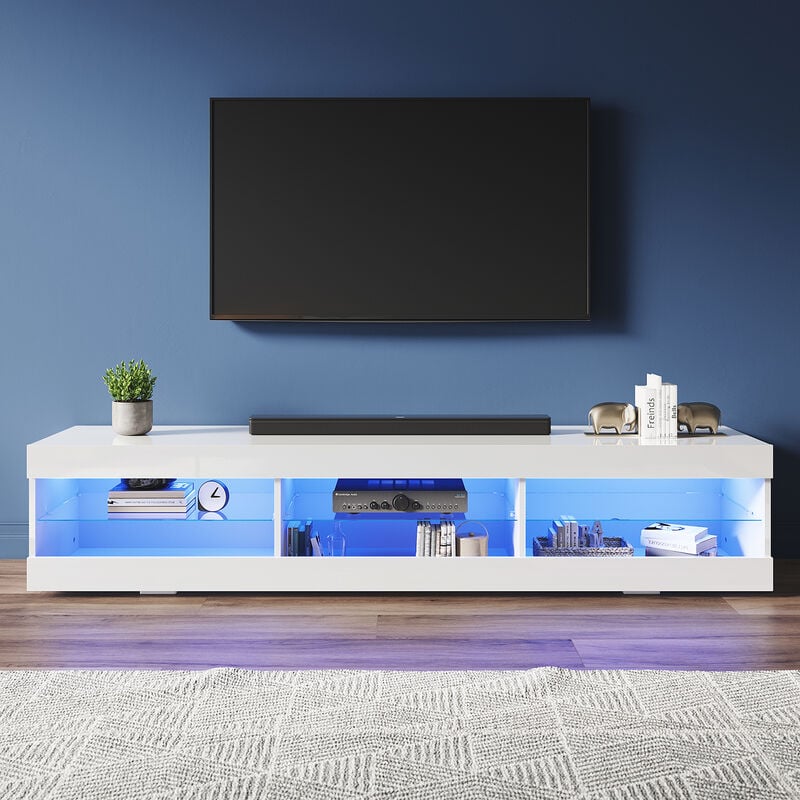 1800 mm Modern High Gloss tv Stands with led Lights tv Cabinet with 3 Glass Partitions, Open Storage Space Design, White - Elegant