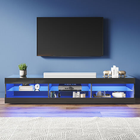 ELEGANT 1800 mm Modern High Gloss TV Stands with LED Lights TV Cabinet with 3 Glass Partitions, Open Storage Space Design, Black