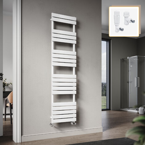 Elegant 1800 x 450mm Heated Towel Rail White Flat Panel Design Tower Hanger, Modern Bathroom Radiator, Wall Mounted Ladder  + White Thermostatic Radiator Valves