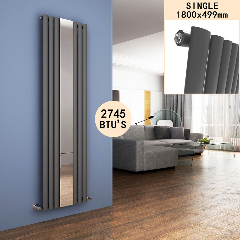 Anthracite Vertical Radiator Single Oval Panel Central Heating Radiators with Mirror, 1800x499mm - Elegant