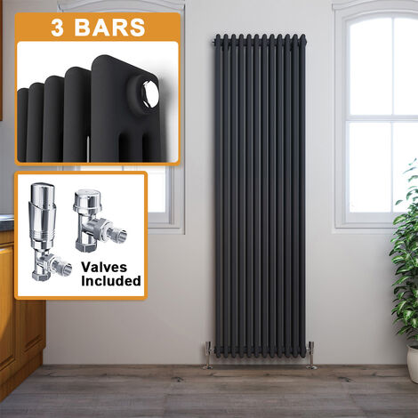ELEGANT 1800 x 554 mm Traditional Radiator Cast Iron Style Radiator Anthracite Triple Vertical Column Radiators + Chrome Thermostatic Radiator Valves