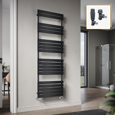 Elegant 1800 x 600mm Heated Towel Rail Black Flat Panel Design Tower Hanger, Modern Bathroom Radiator, Wall Mounted Ladder + Anthracite Thermostatic Radiator Valves