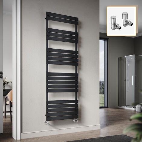 Elegant 1800 x 600mm Heated Towel Rail Black Radiator, Flat Panel Design Tower Hanger, Wall Mounted Ladder + Angled Radiator Valves