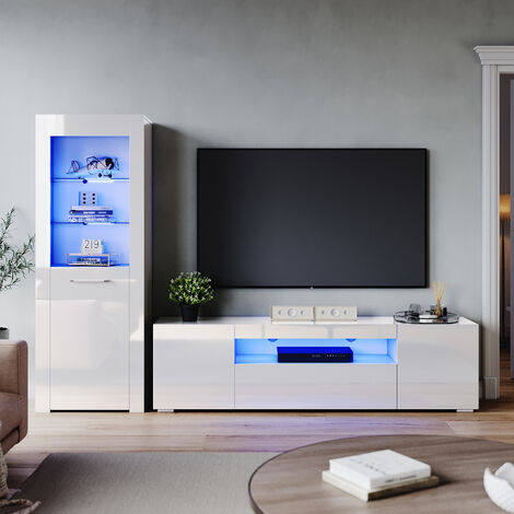 ELEGANT 1800mm High Gloss LED TV Unit Stand Cabinet Sideboard Display Cabinet with 5mm Tempered Glass Living Room Home Furniture White Set 2
