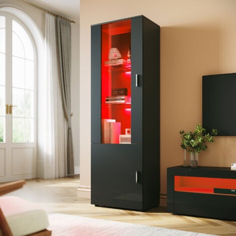 ELEGANT 187cm Display Cabinet Multicolour LED Lights Sideboard Living Room Cabinet with Slow Close Hinges Door White High Gloss Fronts