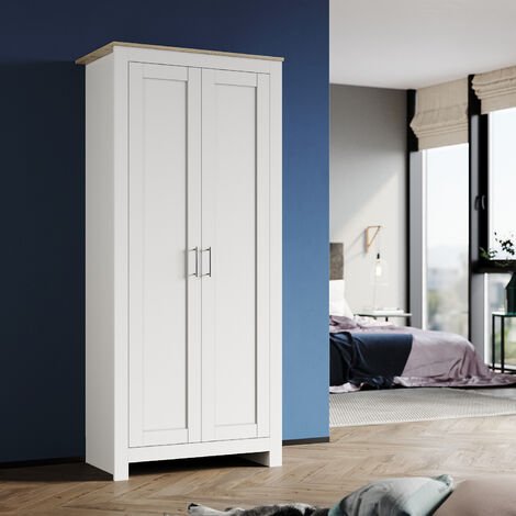 ELEGANT 2 Door Double Wardrobe Solid Wood Style Wardrobe Large Storage Wardrobe White/Oak Bedroom Wardrobe