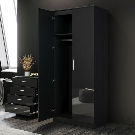ELEGANT 2 Door Wardrobe, High Gloss (Black) Aluminium Clothes Rail & Storage Shelves Wooden Modern Bedroom Storage Furniture